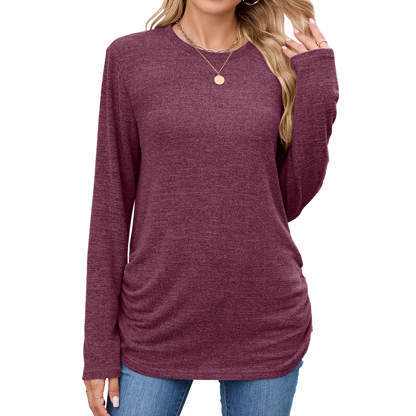 Women's Solid Color Round Neck Loose Long-sleeved Women's T-shirt