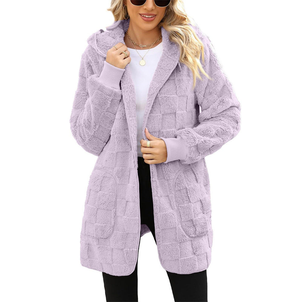 Women's Winter Plaid Jacquard Hooded Pocket Plush Women's Sweater, Sweater