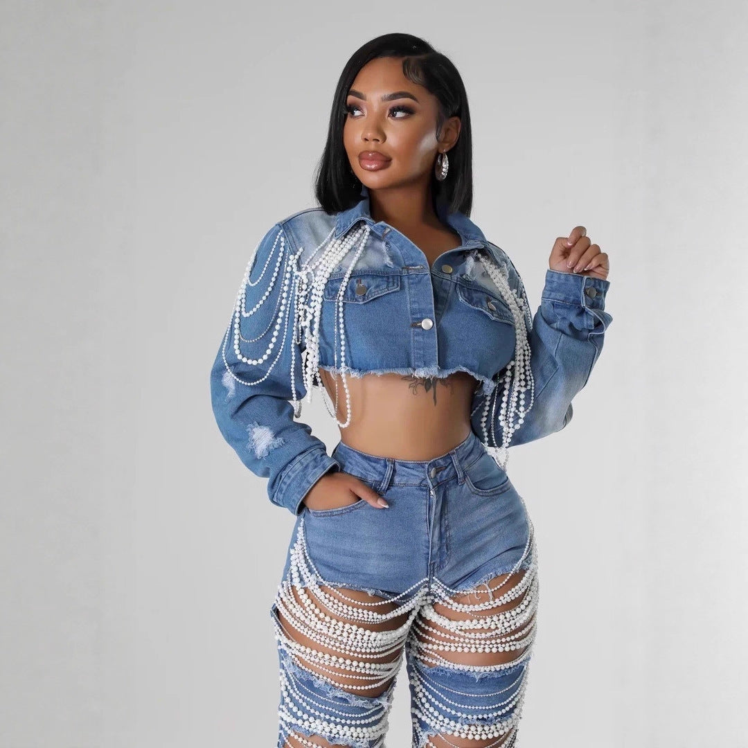 Women's Denim Fashion Pearl Chain Handmade Beaded Jackets