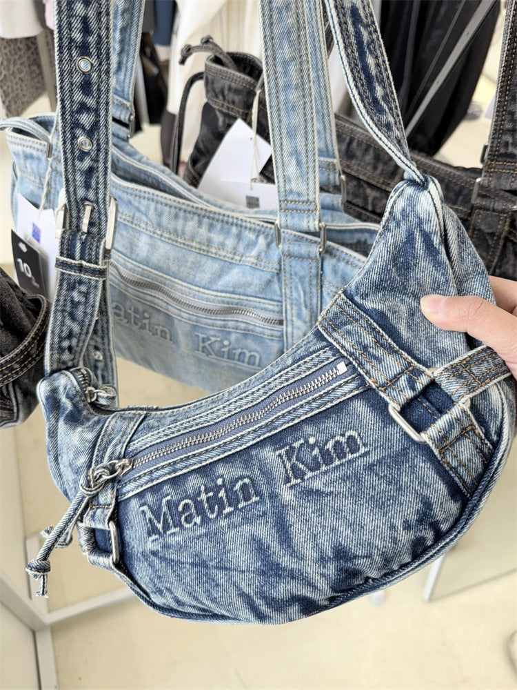 Women's Washed Denim Underarm Leisure Commute Shoulder Bags