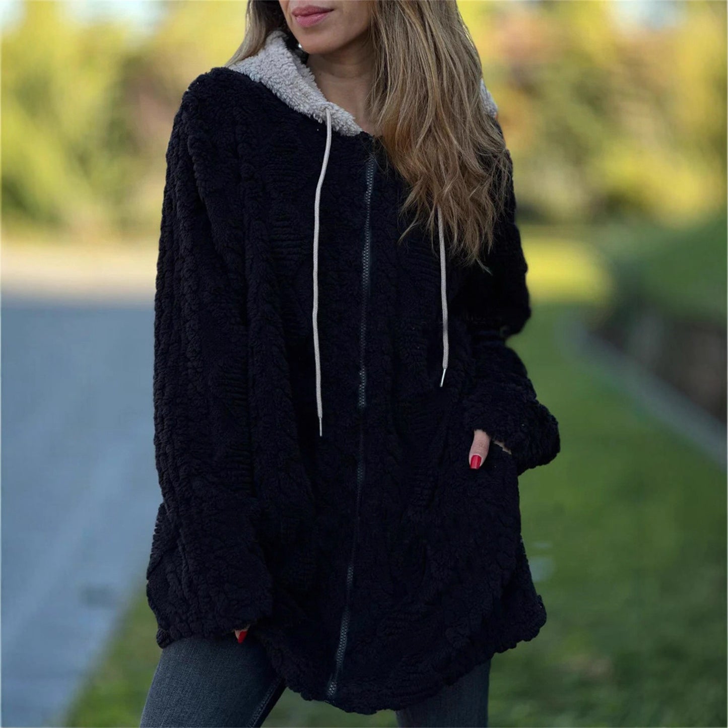 Women's Casual Hooded Solid Color Fur Zip Long Sleeve Coats
