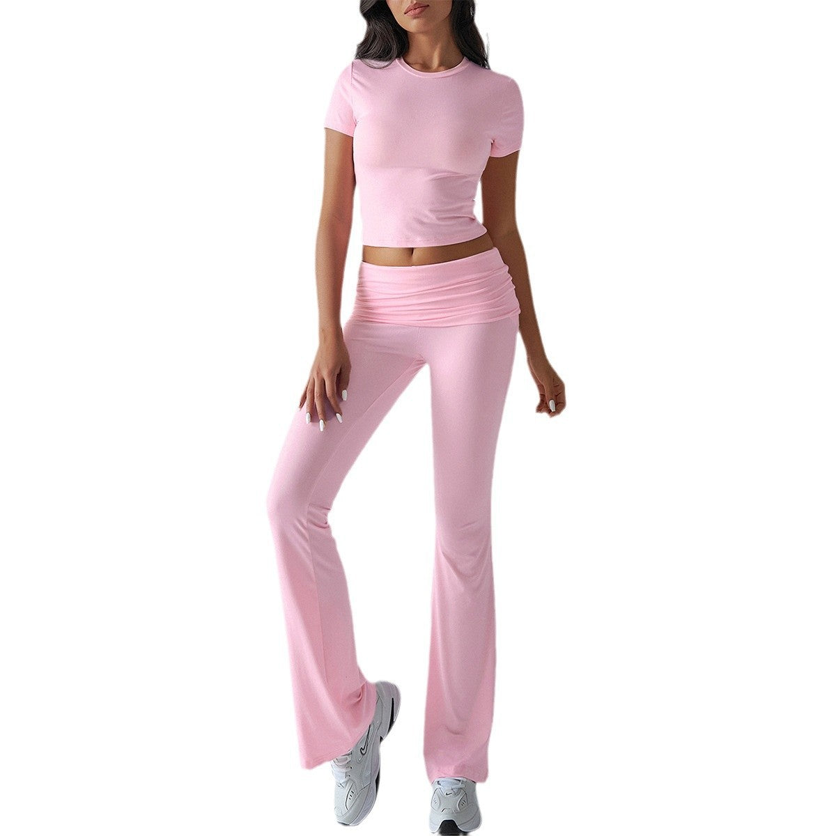 Women's Solid Color Short-sleeved High Waist Trousers Fashion Casual Suit