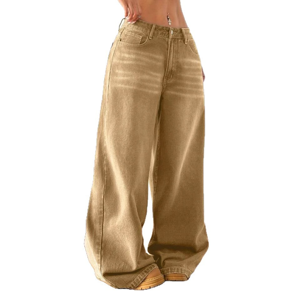 Khaki Leisure Cargo Washed Loose Straight Jeans