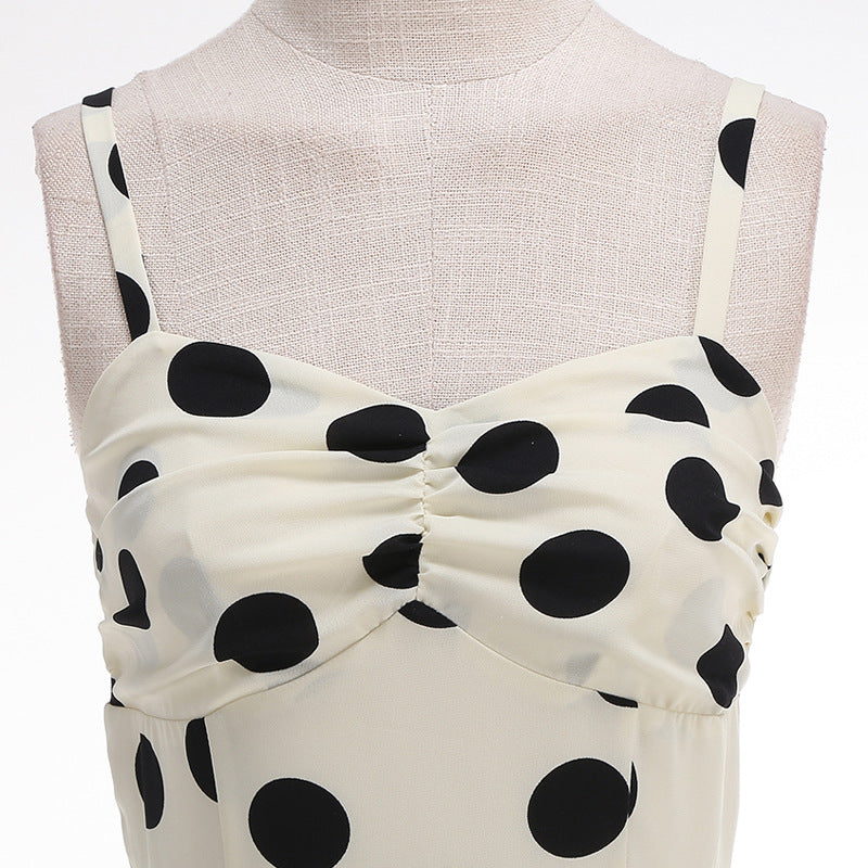 Retro French Elegant Graceful Dot Polka Dots Printed Tied Backless Dress