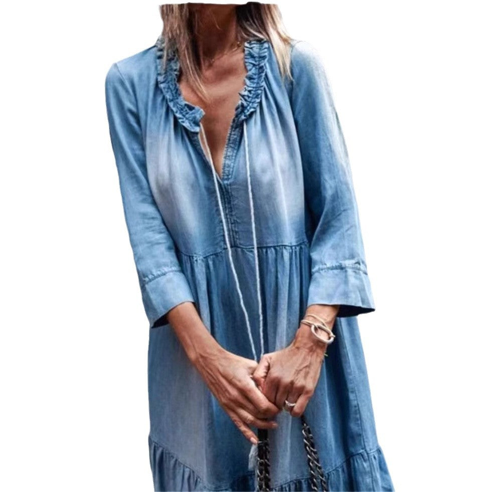 Washed Denim Mid-length Pleating Swing Long Dresses