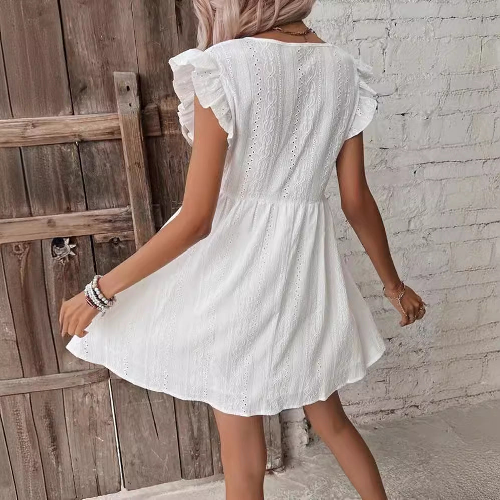 Fashion Embroidered Deep Petal Sleeve Bohemian Dress