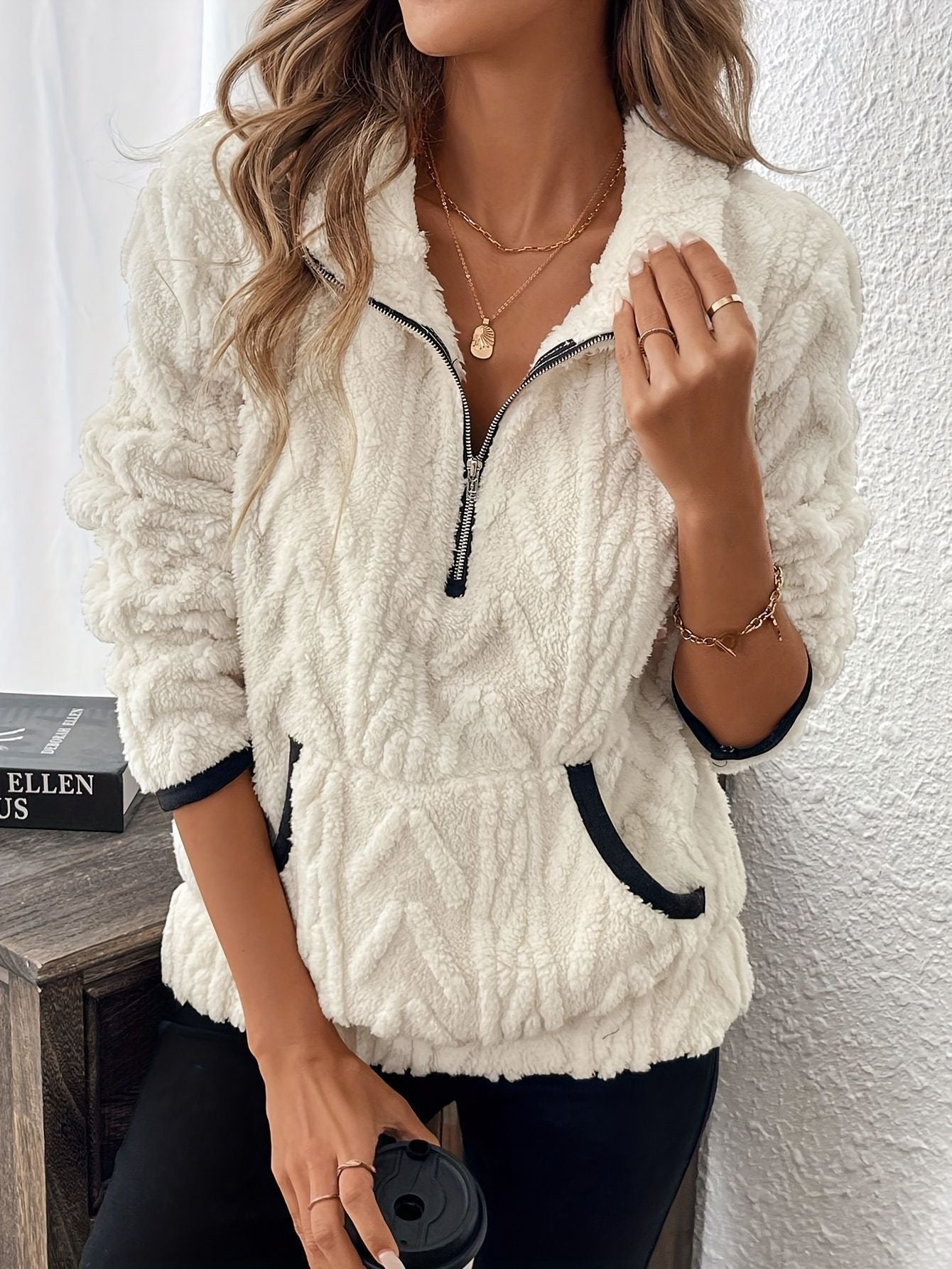 Classic Style Jacquard Half Zipper Plush Women's Sweater, Sweater