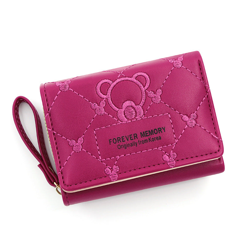 Women's Korean Style Cute Bear Embroidered Short Ladies Wallets