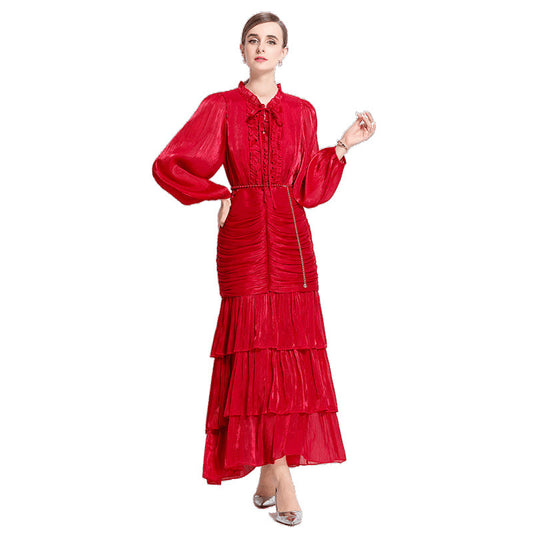 High-grade Streamer Wooden Ear Long-sleeved Dress Female Summer Waist Dresses