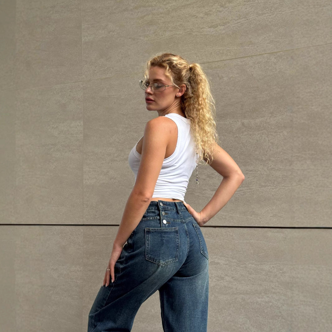 Women's Blue Wide Leg High Waist Slimming Jeans