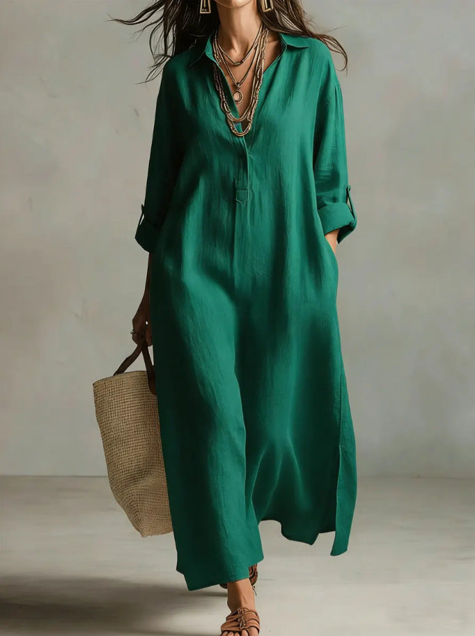 Cotton Linen Dress Solid Color Polo Collar Long Sleeve Fashion Casual Suit