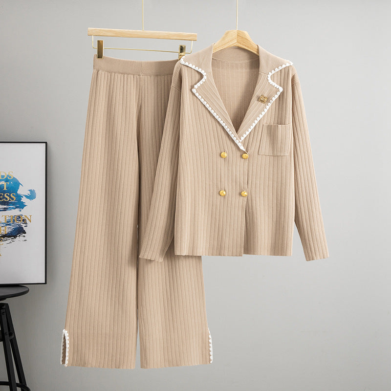 Casual Knitting Female Collar Elegant Wide Leg Suits