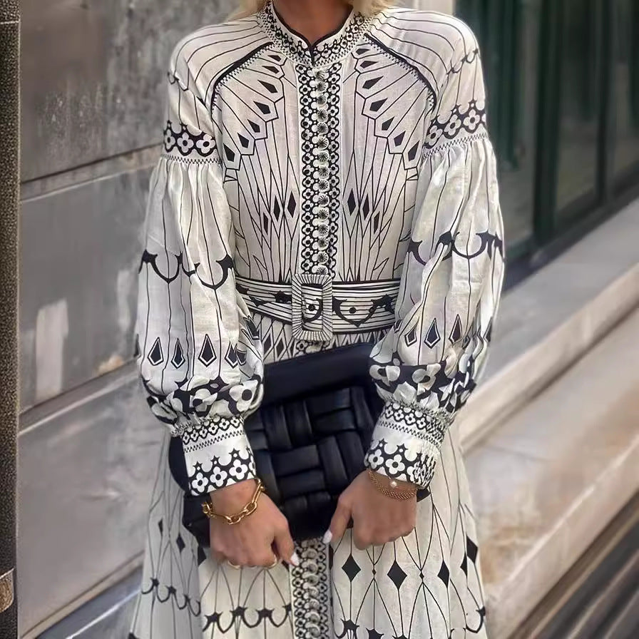 Women's Elegant Long Sleeve Belt Button Print Dresses