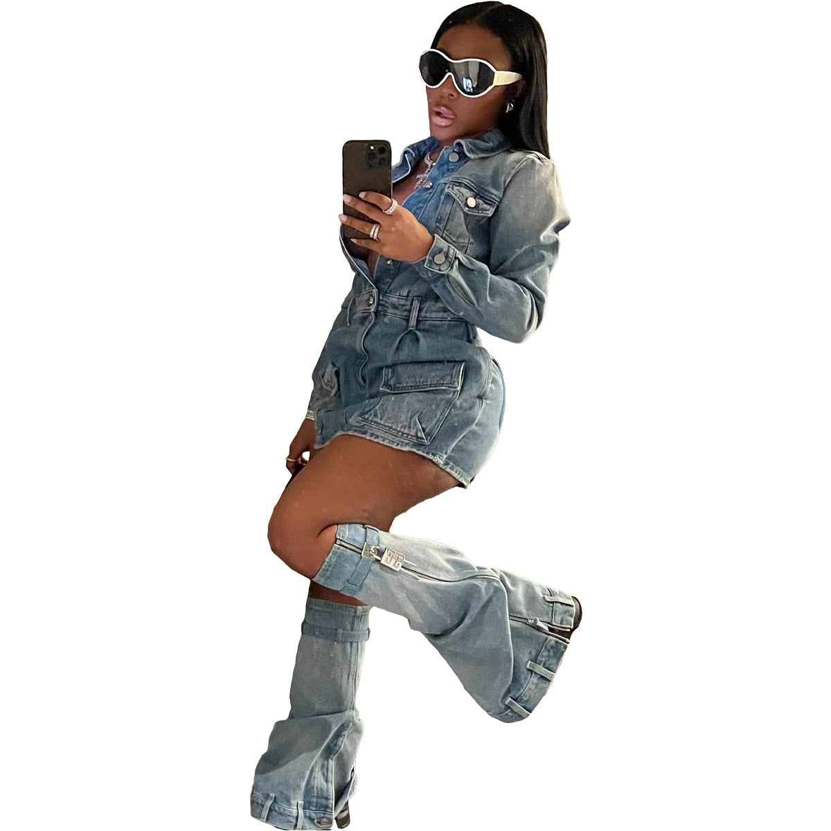 Women's Sexy Washed Denim Dress Three-piece Set Suits