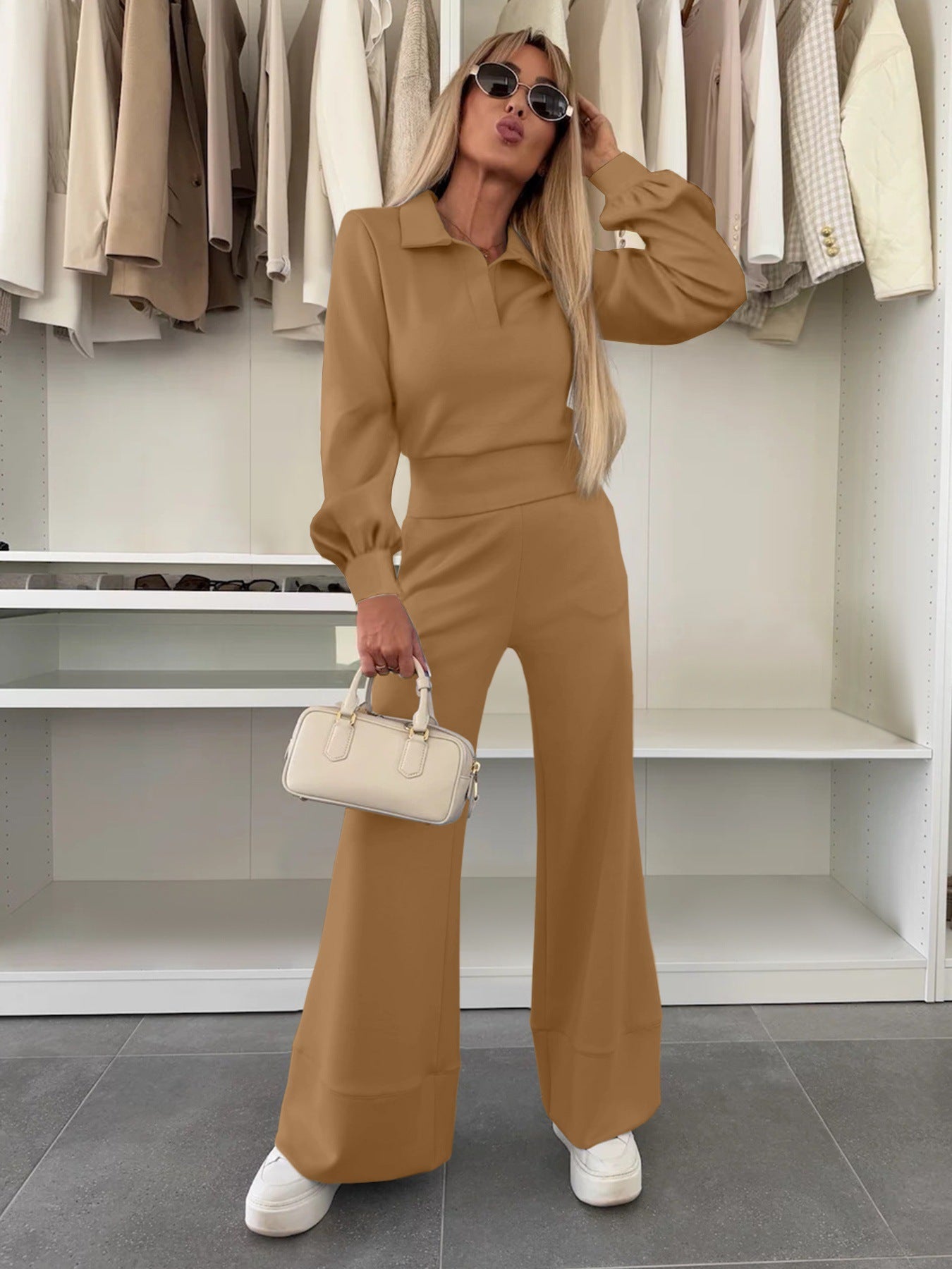 Women's Long Sleeve Elastic Wide Leg Two-piece Set Solid Color Polo Pants