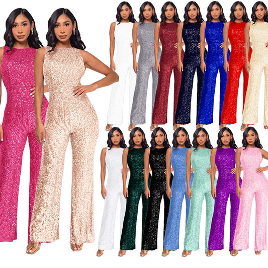 Women's Wind Sleeveless Sequined Round Neck Slim Jumpsuits
