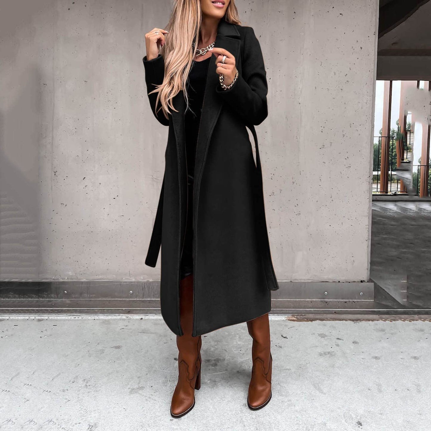 Women's Solid Color Polo Collar Long Sleeve Tied Coats