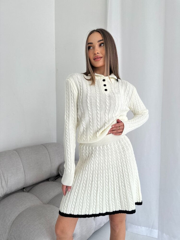 Women's Long Sleeve Knitted Button Dress Two-piece Fashion Casual Suit