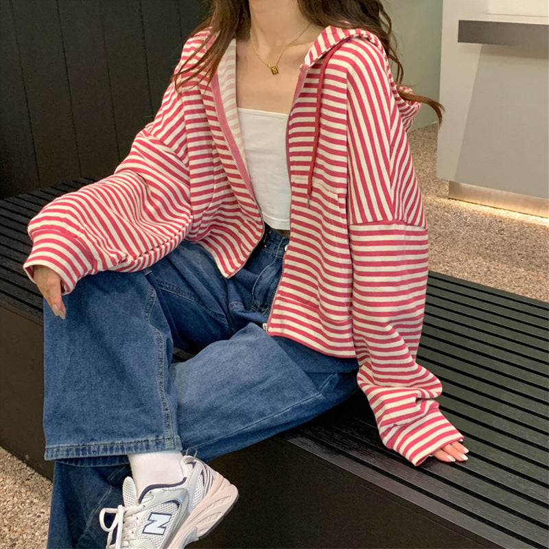 Women's Style Vintage Stripe Hoodie Casual Zipper Tops