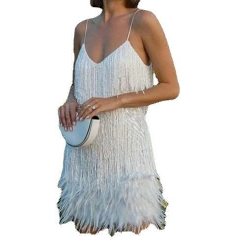 Women's Summer Fashion Tassel Sequins Feather Stitching Dress Dresses