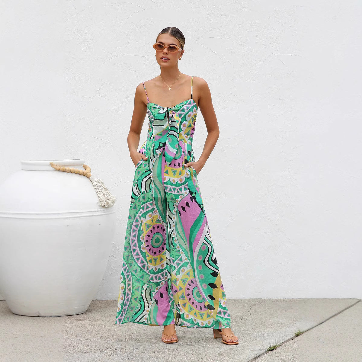 Slouchy Smocking Bow Wide Leg Straight Women's Jumpsuit/clothing