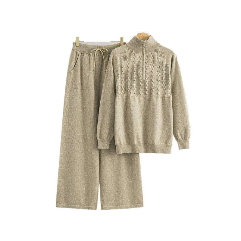Women's Fashionable Knitted Temperament Wild Half Zipper Wide Leg Two-piece Suits