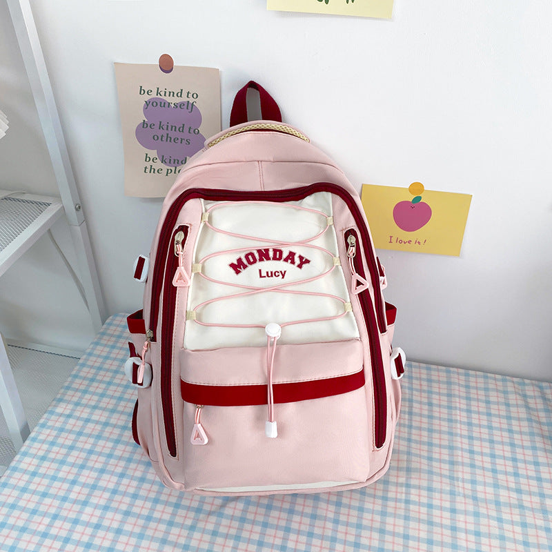 Good-looking Mori Style Contrast Color Drawstring Middle School Students' Schoolbags