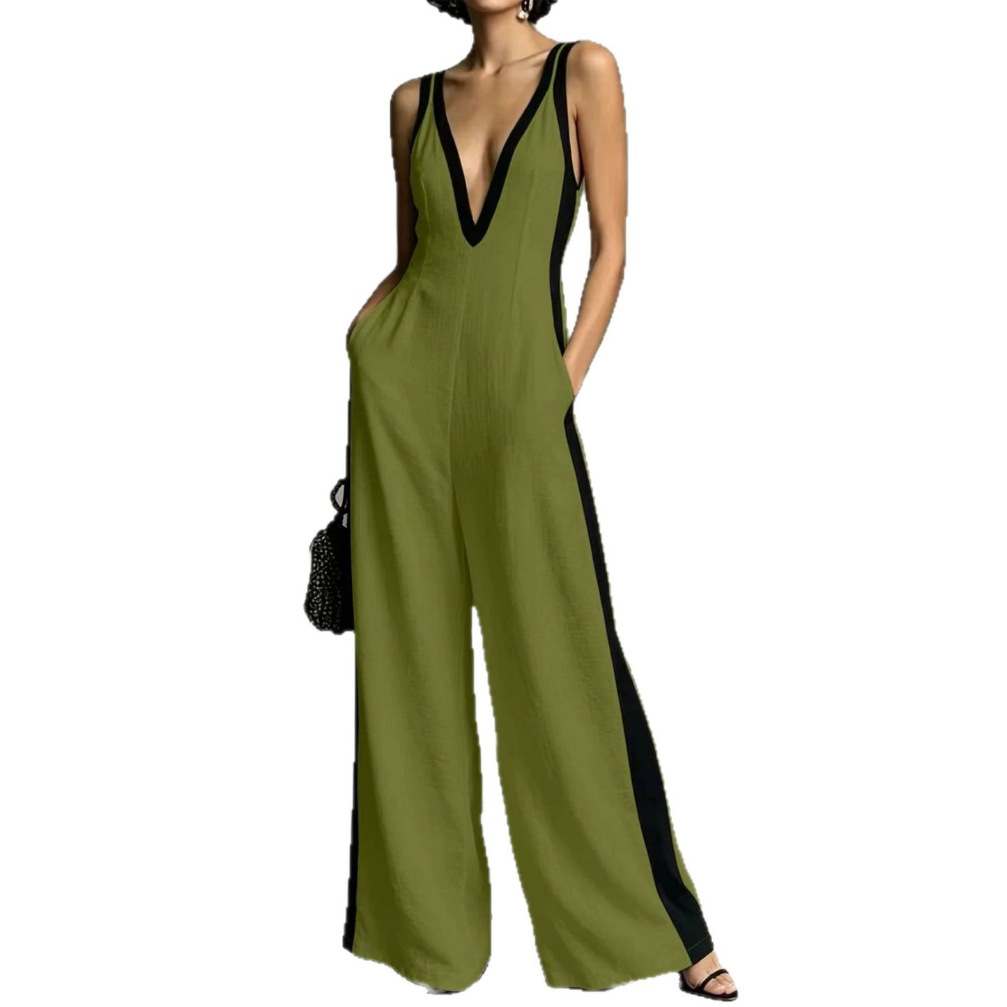 Women's Summer Fashion Wear Sleeveless Contrast Color Sling Wide Jumpsuits