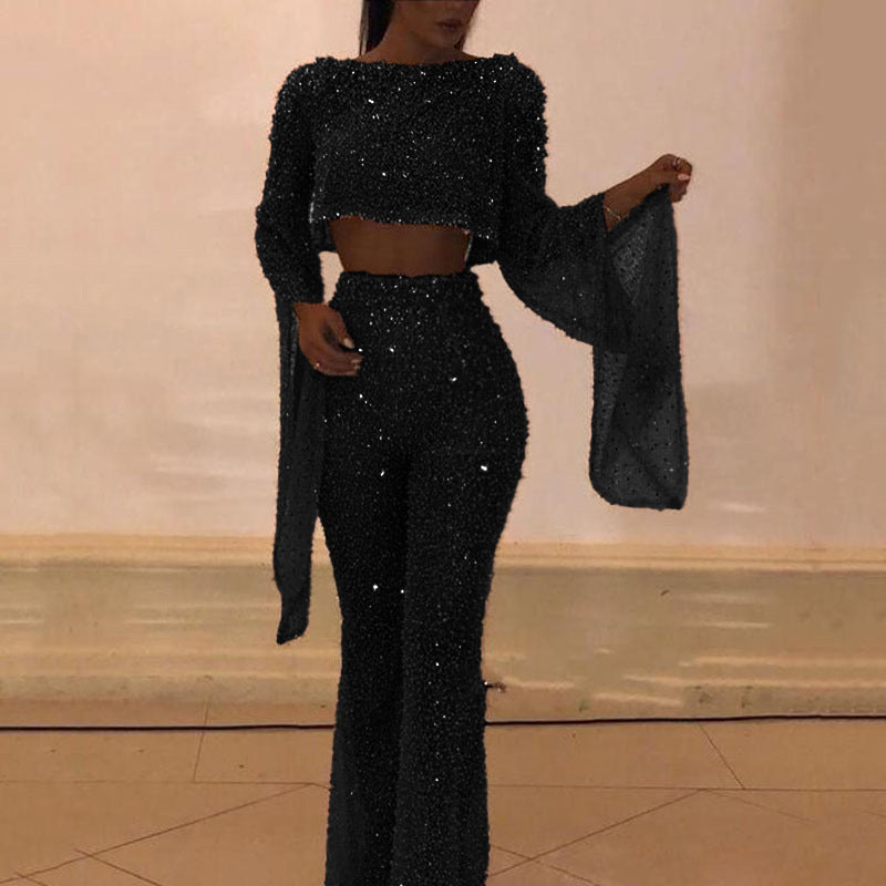 Women's Two-piece Sexy Long-sleeved Backless Trousers Jumpsuits
