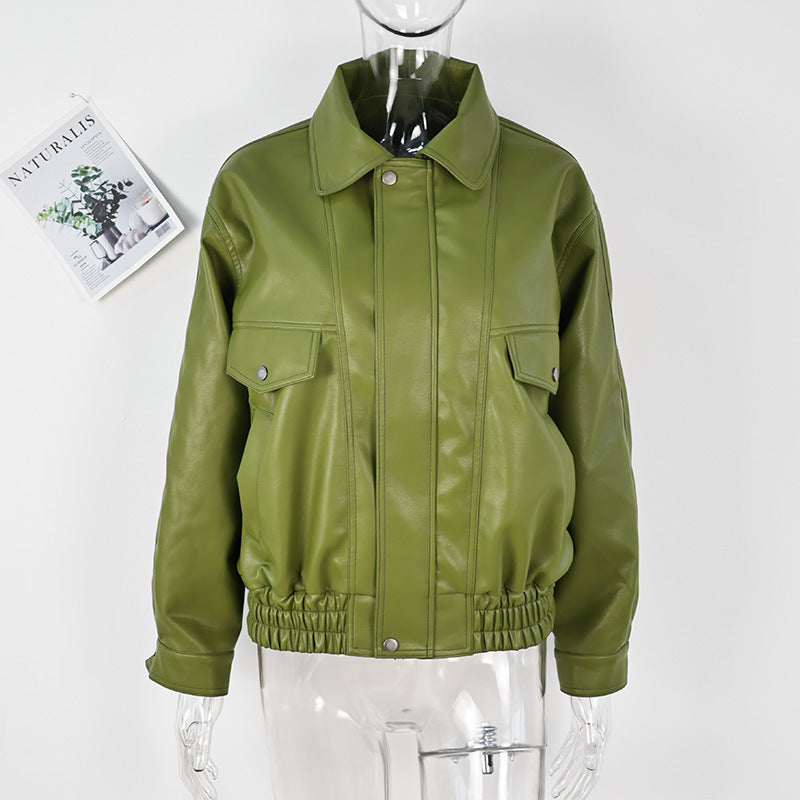 Personality Turn-down Collar Green Leather Temperament Jackets