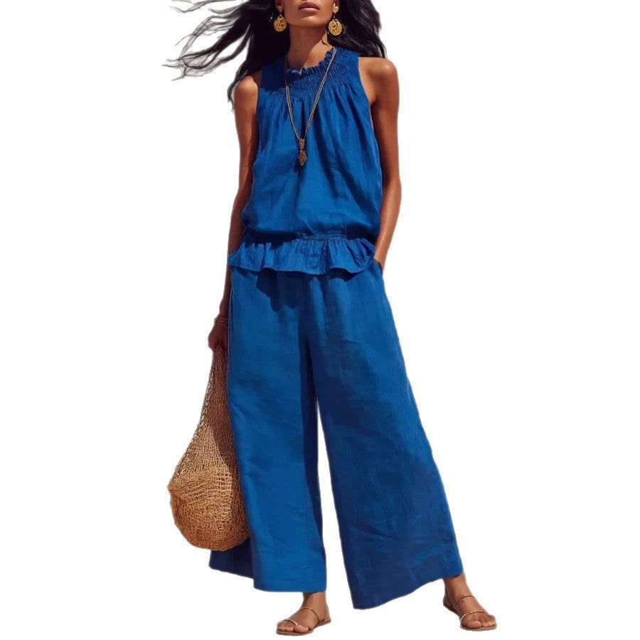 Sleeveless Cool Elastic Waist Design Wide Tops