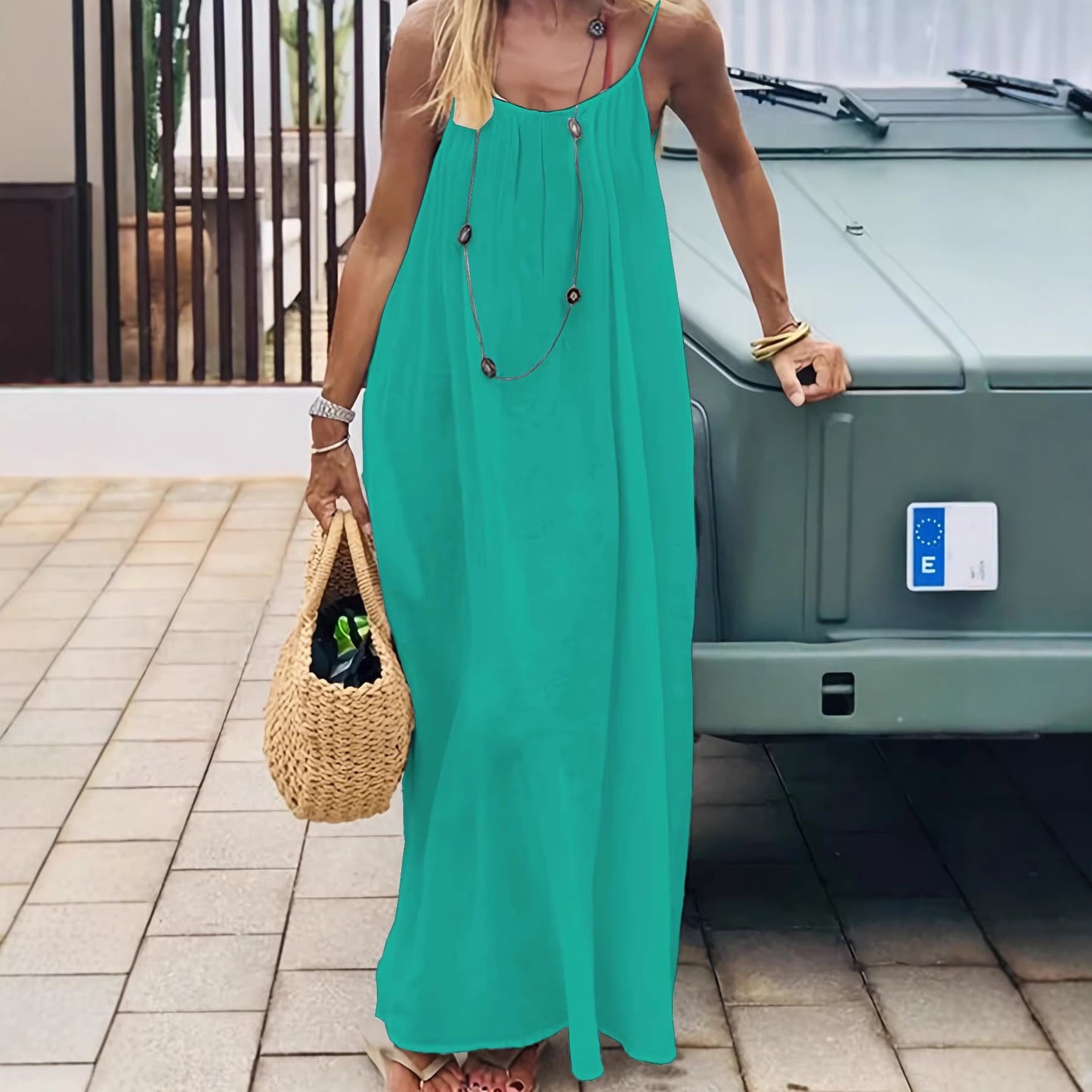Women's Silk Wrinkle Solid Color Pleating Backless Strap Beach Dress