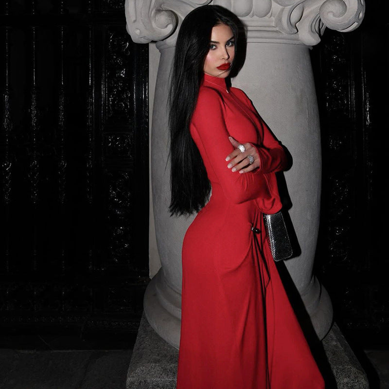 Women's Winter Elegant Pure Color Slimming Long Dresses