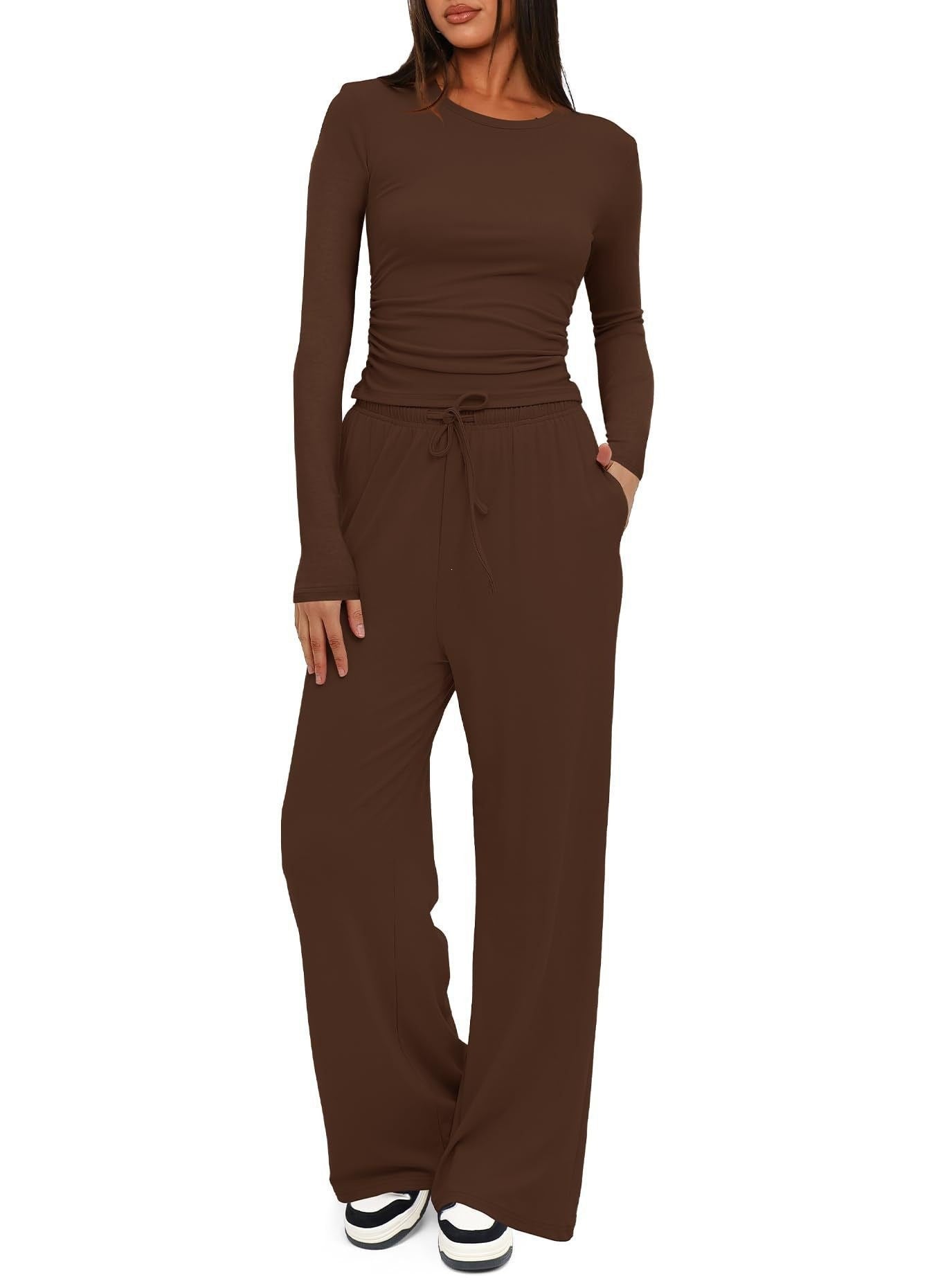 Solid Color Long Sleeves Outfit High Waist Wide Tops