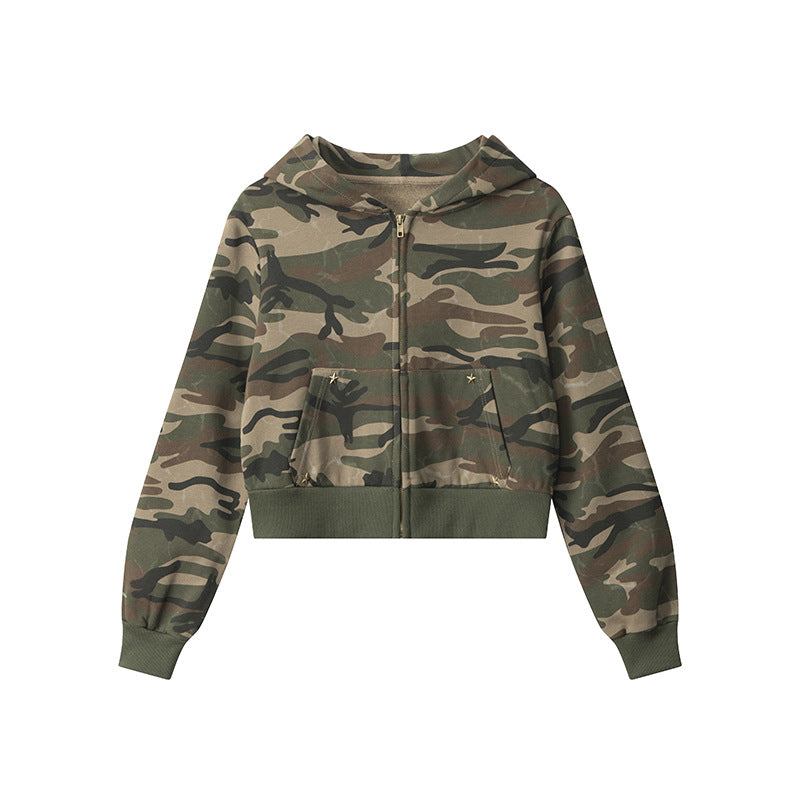Women's American Camouflage Hot Hooded Zipper Retro Sweaters