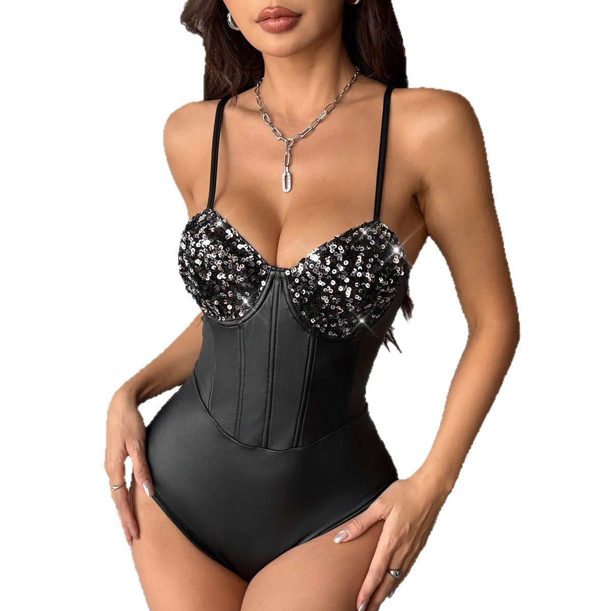 Street Bronzing Leather Satin Sequined Sling Sexy Backless Fishbone Steel Jumpsuits