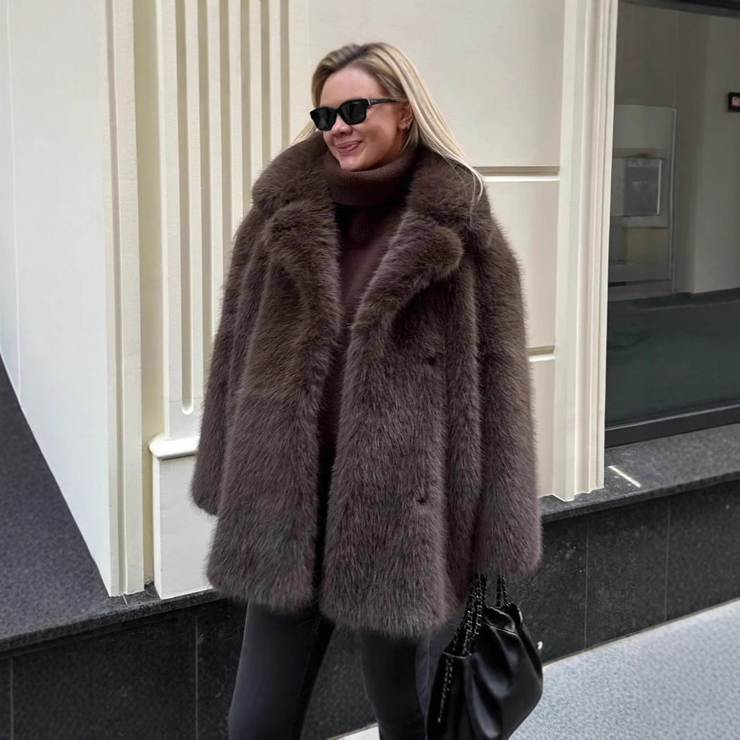 Women's Fur Warm Collar Imitation Overcoat Mid-length Coats