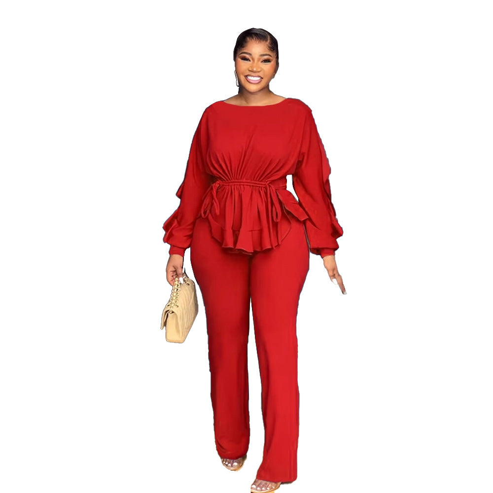 Stretch Slim Lace Drawstring Long Sleeve Waist Suits
