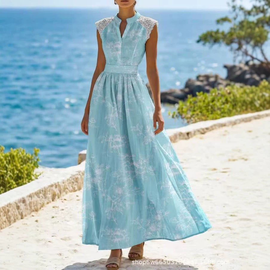 Women's Summer Printed Shoulder Lace Sleeveless Dress