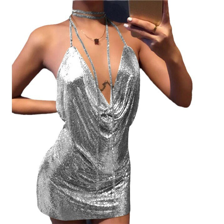 Low-cut Backless Chain Strap Deep V Dresses