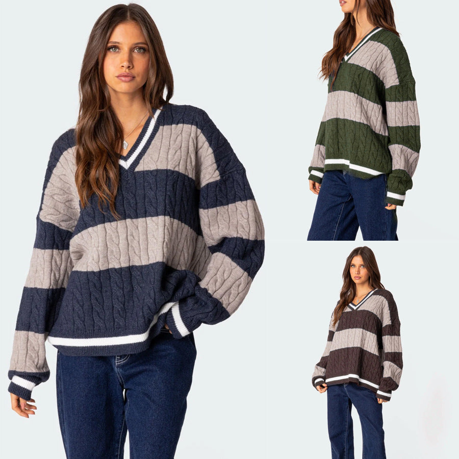 Women's Striped Contrast Color Loose Long Sleeve Sweaters