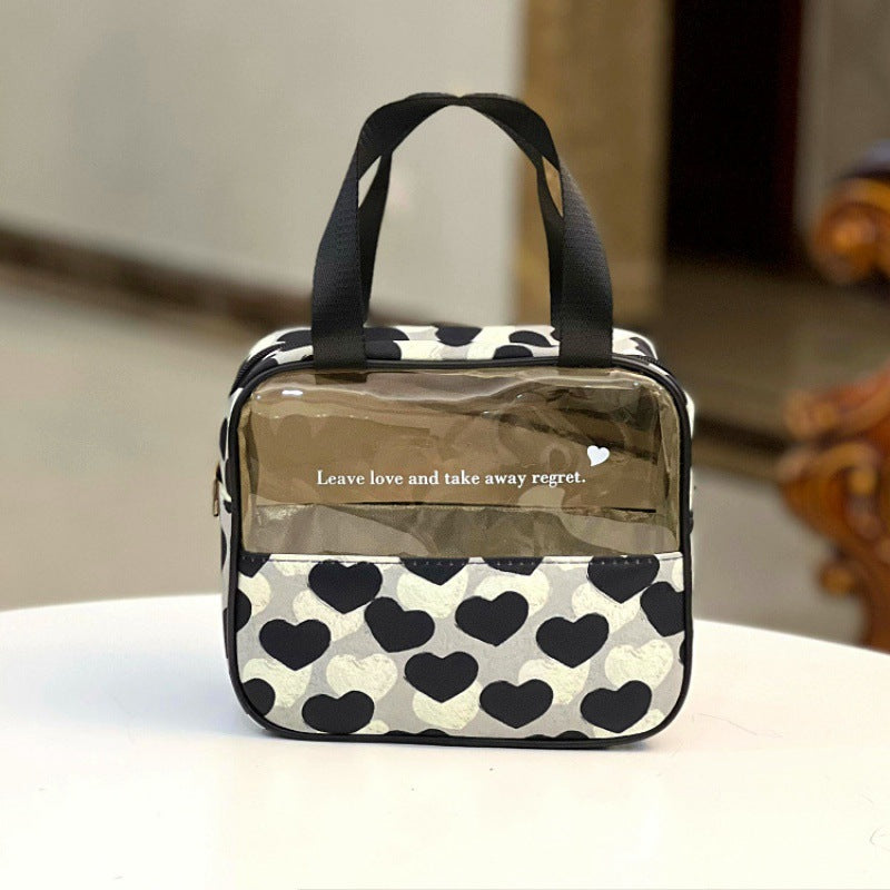 Zipper Translucent Love Peach Heart Flocking Large Capacity Portable Handbags