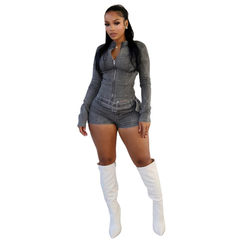 Creative Denim Long Sleeve Stretch Belt Suits