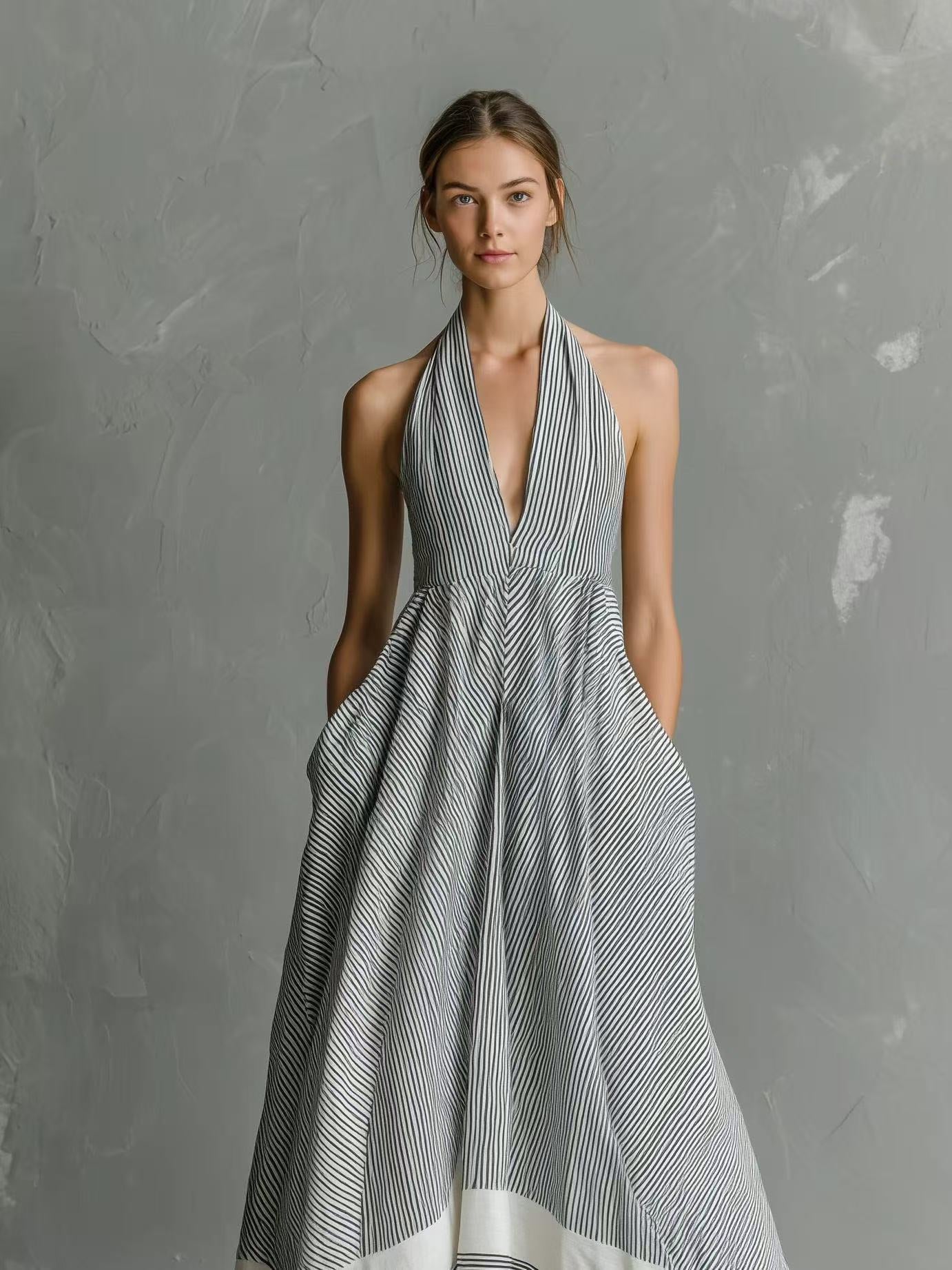 Women's Halter French Style Striped Summer Vacation Large Dress