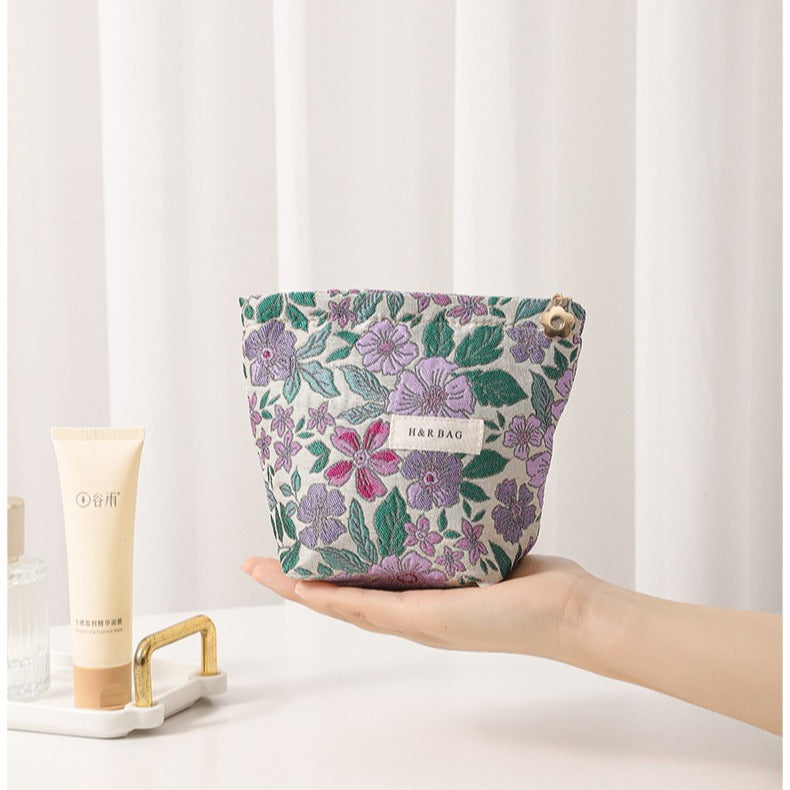 Linen Plant Embroidery Hand-held Portable Canvas Cosmetic Bags