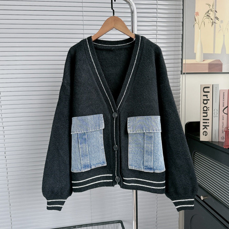 Women's Denim Patchwork Knitting Idle Style Loose Knitwear