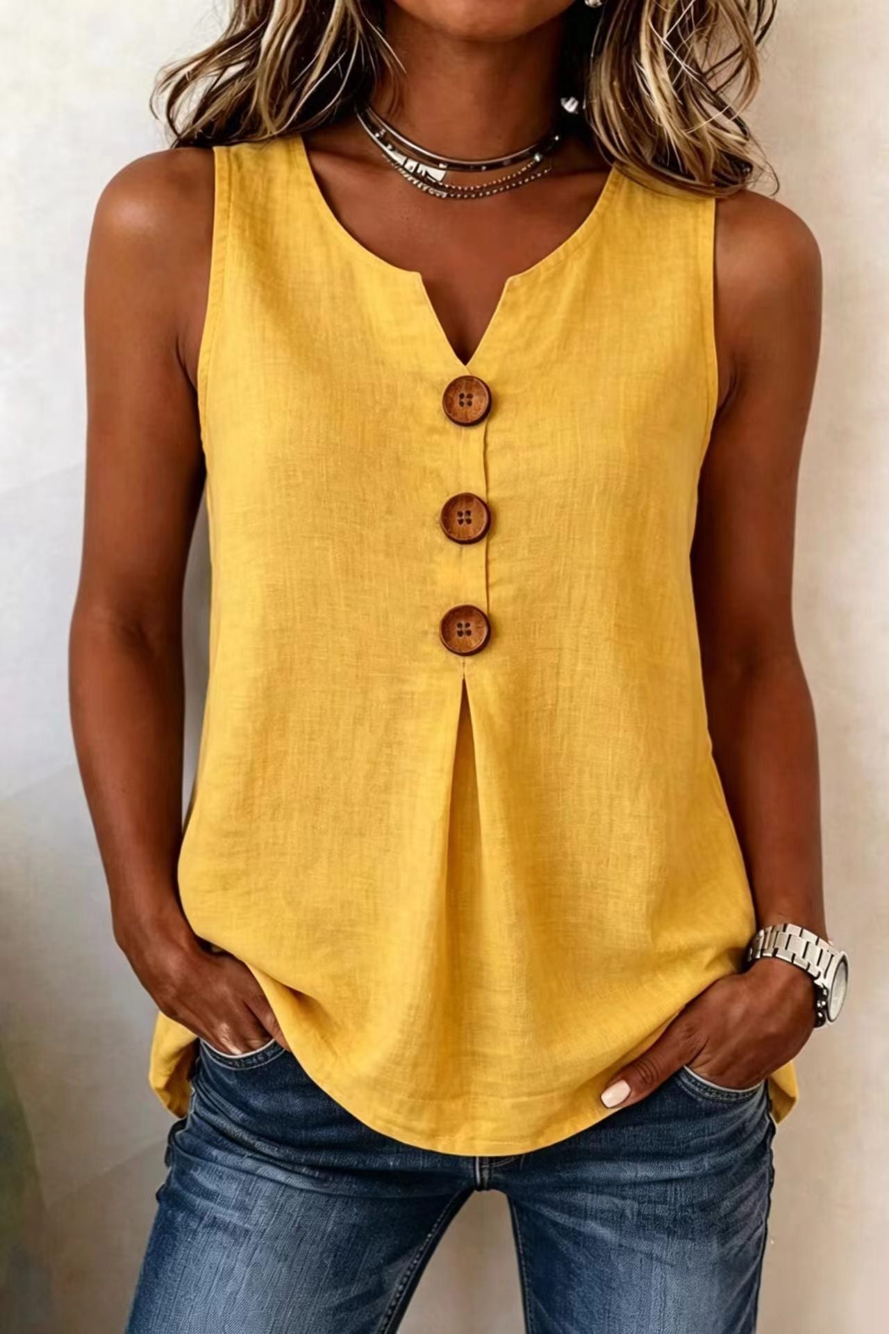 Classic Women's Cotton Linen Button Sleeveless Women's T-shirt