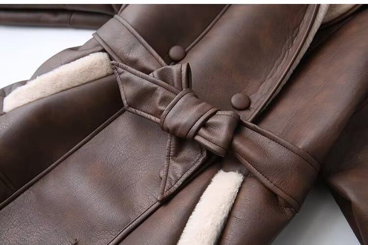 Women's Spring Two-tone Waistband Fur Leather Overcoat Clothing