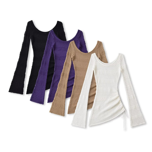 Idle Style Scoop Hollow Out Flare Sleeve Female Tops