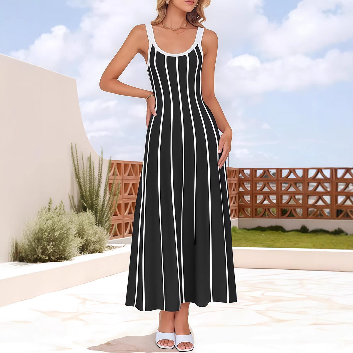 Striped Mid-length Casual A- Line Swing Knitted Dress